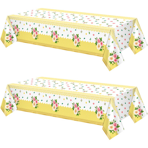 Mindsoft 2 Pcs Tea Party Tablecloth Vintage Floral Tablecloth 54 x 108 Rectangle Plastic Table Cloth Rose Disposable Table Cover for Birthday Bridal Shower Wedding Tea Party Decorations (Yellow)