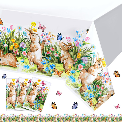 Tudomro 3 Pack Easter Tablecloth Bulk, Easter Bunny Plastic Tablecloth for Rectangle Tables, Watercolor Spring Easter Table Cover for Kitchen Dining Room Home Indoor Party Decorations, 54 x 108 Inch