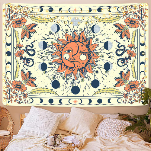 AtawLege Sun and Moon Tapestry Boho Moon Phase Tapestries Hippie Moth Snake Tapestry Vintage Flower Plants Tapestry Aesthetic Mandala Tapestry Wall Hanging for Room(59.1 x 82.7 inches)