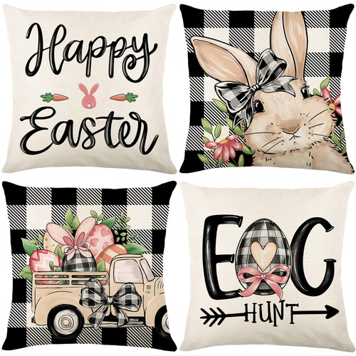 Happy Easter Pillow Covers 18x18 Inch Set of 4, Rabbit Bunny Eggs Carrots Farmhouse Decorative Throw Pillow Cases for Home Sofa Couch Decor Happy Easter Pillow Covers 18x18 Inch Set of 4, Rabbit Bunny Eggs Carrots Farmhouse Decorative Throw Pillow Cases for Home Sofa Couch Decor