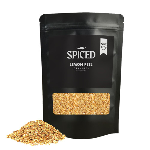 SPICED Lemon Peel Granules, 6oz of Granulated Dried Lemon Peels in Resealable Bag, Great for Tea, Spice Blends, Seasoning, Pasta, Baking, Meat Dishes, Salads and Sauces
