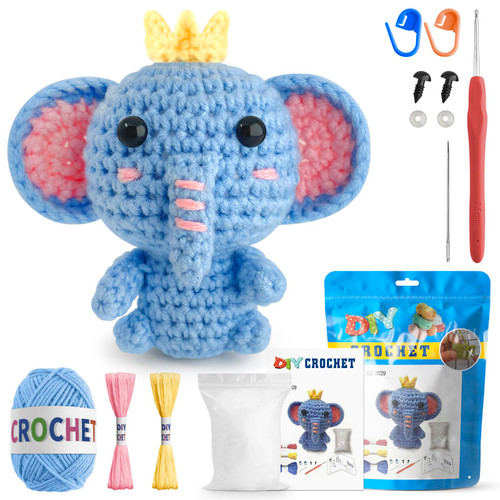 Roomaze Crochet Kit for Beginners, Amigurumi Crocheting Animal Kit - Elephant?Beginner Crochet Kit for Adults with Step-by-Step Video Tutorial?Hook?Yarn
