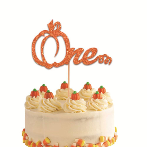 Orange Glitter Pumpkin One Cake Topper- Fall Little Pumpkin 1st Birthday Decorations Pumpkin Cake Topper for Autumn Themed Kids First Birthday Thanksgiving Party Supplies (One)