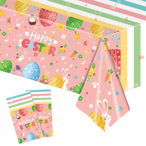2Pcs Easter Tablecloth Rectangle,Easter Party Decorations Easter Bunny Eggs Table Cloth Disposable Plastic Table Cover for Easter Spring Themed Party Kitchen Dinner Supplies Decoration,54"*108"