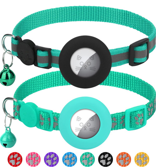 Erbine 2 Pack Airtag Cat Collars, Reflective Cat Collar with Silicone Airtag Holder and Bell, Breakaway Cat Collars with Round Safety Buckle for Boy and Girl Cats, Adjustable for 7.5-12.5", Turquoise