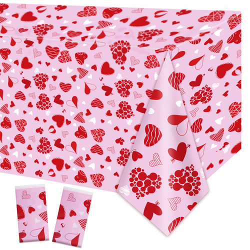 hoyuwak 2Pcs Valentines Day Tablecloth Rectangle Pink Heart Table Covers Plastic Disposable Table Cloths Decor for Valentine's Day Wedding Engagement Anniversary Birthday Party Favor(54 x 108 inch)