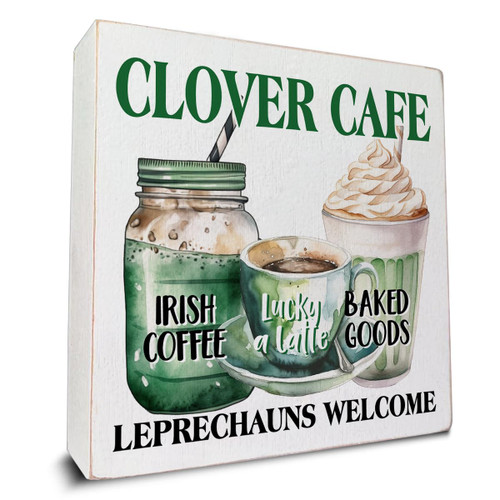 St. Patricks Day Decor Clover Cafe Irish Coffee Wood Sign St Patricks Day Decorations for Home Kitchen Shelf Table, Irish Coffee Decor 5 X 5 Inch