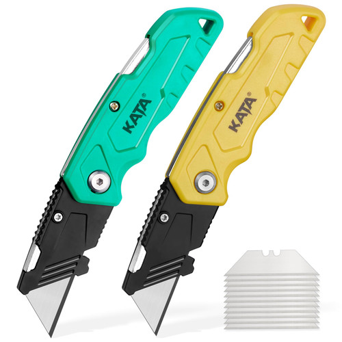 KATA 2-PACK Folding Utility Knife, Heavy Duty Box Cutter with 10pcs SK5 Quick Change Blades, Safety Lock Back Design, Used for Cutting Cartons, Cardboards and Boxes, Green and Yellow