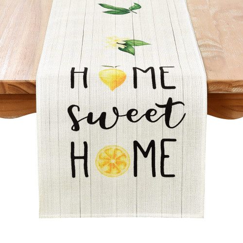 Summer Home Sweet Table Runner Lemon Farmhouse Table Runners Beige Rectangle Runner with Green Leaves Tabletop Decoration for Spring Holiday Kitchen Dining 13x60 Inch