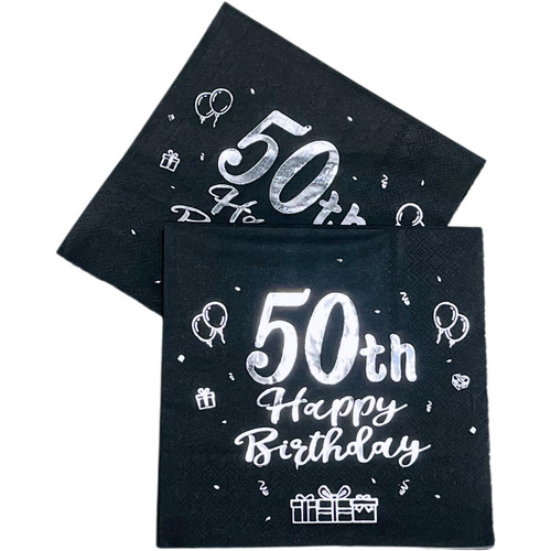 50th Birthday Cocktail Napkins, 40Pack Black and Silver Happy 50th Birthday Disposable Paper Beverage Cocktail Napkins for His Her Eighteen 50th Birthday Party Decorations6.5 * 6.5Happy 50th