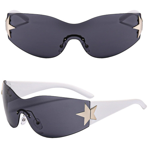 Y2K Sunglasses | 2000s Rimless Star Glasses for Women and Men - Shield Shades Wrap Around Oversized (2000s Y2K Trendy Outfit) (White+Black Shade)