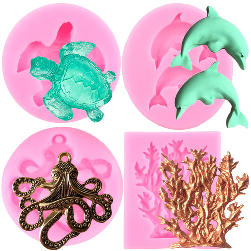 ZiXiang Sea Turtle Silicone Mold Coral Seaweed Fondant Mold Dolphin Octopus Candy Molds For Cake Decorating Polymer Clay Cupcake Topper Chocolate Gum Paste Set Of 4