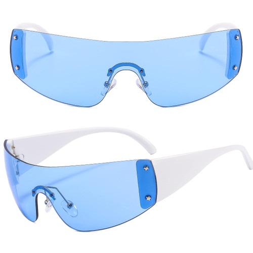 Y2K Sunglasses | 2000s Rimless Glasses for Women and Men - Wrap Around Futuristic Frameless Shield Shades Oversized Trendy (Blue)