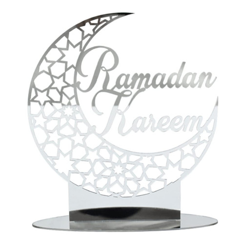 Ramadan Ornaments, 7.9inch Acrylic Eid Mubarak Star Moon Decor, Hollow Moon Star Hanging Pendant Desk Decorations for Ramadan Mubarak Eid(Silver)
