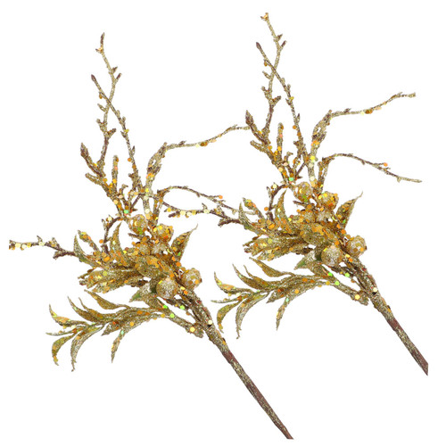 VOSAREA 2Pcs Christmas Glitter Picks Christmas Floral Picks Xmas Tree Leaves Picks Spray Bouquet Artificial Berries Branches Leaf Christmas Tree Customer Service Decorate