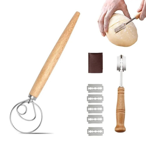 Danish Dough Whisk Bread Lame with 5 Blades and 1 Leather Cover Dutch Bread Whisk Bread Mixer 13" Stainless Steel Dutch Style Bread Dough Whisk with Wooden Handle for Sourdough, Pizza, Pastry, Cake