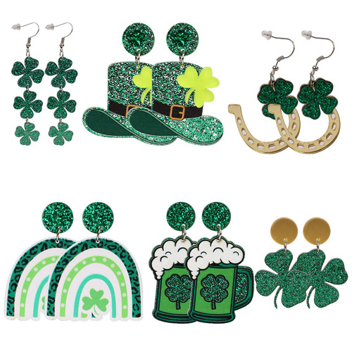 6 Pairs St Patricks Day Earrings for Women Girls, Irish Lucky Green Four Leaf Clover Earrings Set Acrylic Shamrock Dangle Earrings Dangling St Patricks Day Accessories Gift for Decor Party