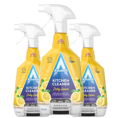 Astonish Zesty Lemon Scented Kitchen Cleaner 3 Pack - All Purpose Cleaning Solution Removes Grease, Grime, & Surface Stains - Cruelty Free Kitchen Grease And Multi Surface Cleaner - 750ml Spray Bottle
