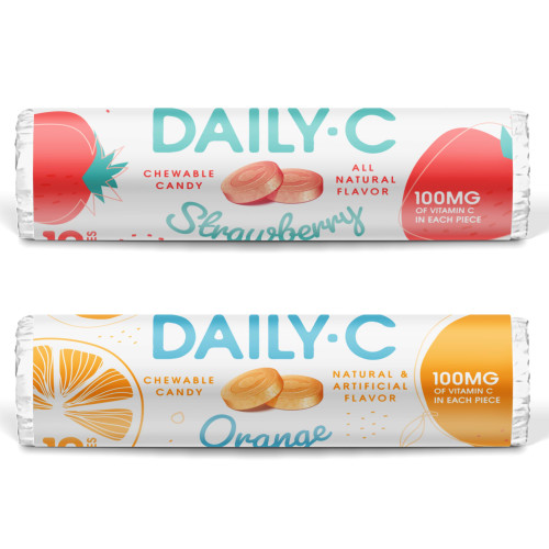 Daily-C Chewable Vitamin C Strawberry and Orange Chewable Candy Rolls Bundle | 100MG of Vitamin C in Each Piece | Brought to You by Iconic Candy | 1.3oz Strawberry Roll + 1.3oz Orange Roll