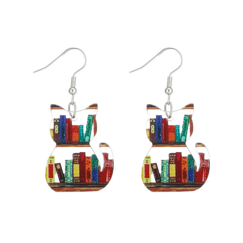 Book Earrings for Women Acrylic Bookcase Dangle Earrings with Book For Book Lovers Gift Graduation Teacher's Day Appreciation Back To School Gifts For Teacher (Cat)