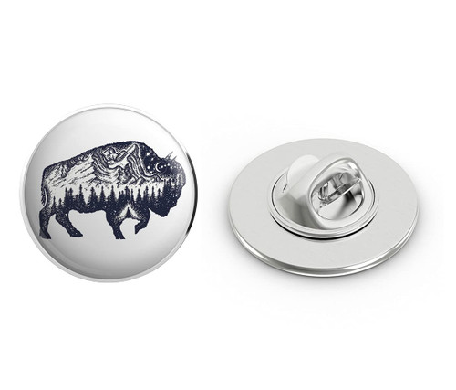 BRK Studio Cool Mountain Forest Range in Buffalo Cartoon Round Metal 0.75" Lapel Pin Hat Shirt Pin Tie Tack Pinback