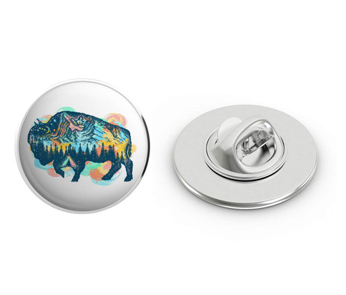 BRK Studio Shinobi s Starry Forrest Mountains in Buffalo Silhouette Round Metal 0.75" Lapel Pin Hat Shirt Pin Tie Tack Pinback