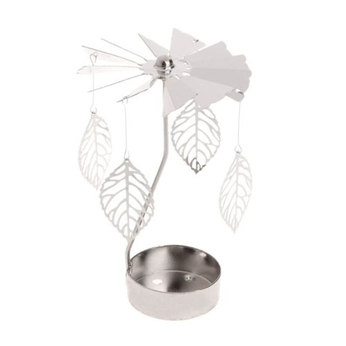 Spinning Tea Light Candle Holder, Silver Leaves Candle Spinner, Metal Rotating Decor, Rotary Tealight Display Rotating Tea Light Candle Holder for Table Centerpiece, Christmas Decor, Gift
