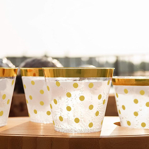 Efavormart 12 Pack 9oz Gold Rim Polka Dots Plastic Disposable Tumblers