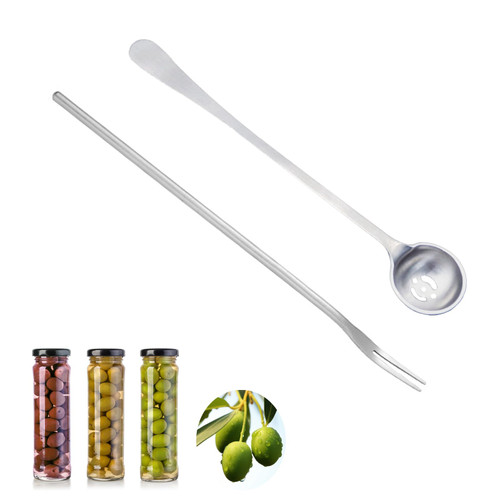 2 PCS Olive Spoon and Pickle Fork, 7.5 Inch Olive Spoons with Holes, 8.6 Inch Pickle Forks for the Jar, Stainless Steel Long Handle Food Picker for Pickle, Asanta Jars Serving Spoon and Fork Set
