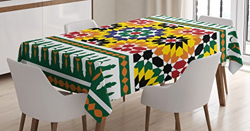 Ambesonne Moroccan Tablecloth Decor, Vibrant Old Fashion Indie African Pattern with Eastern Influences Print, Dining Room Kitchen Rectangular Table Cover, 60 W X 84 L Inches, Yellow Green