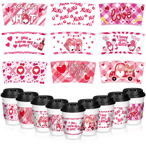 36 Pcs Valentines Day Coffee Cup Sleeves, Hot Chocolate Cocoa Cup Sleeves Paper Coffee Sleeves Disposable for 12oz 16oz Tea Hot Drinks Cold Beverage Valentine's Day Party, 9 Styles, 10.6 x 2.36 Inch