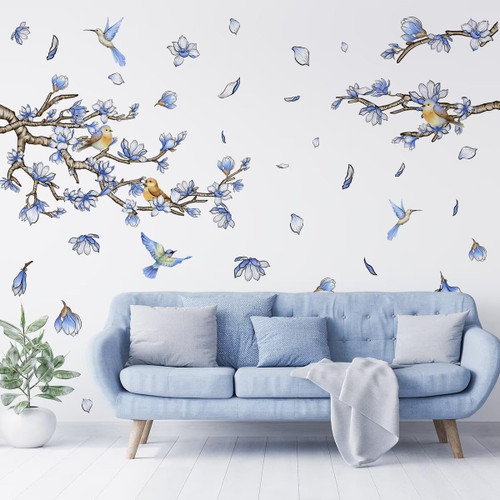 AWAKINK Bird on The Tree Branch Wall Stickers Murals Plant Leaf Vinyl Wall Decals Blue Flower Wall Art DIY Peel and Stick Home Decor for Girls Bedroom Living Room Nursery Children's Bedroom