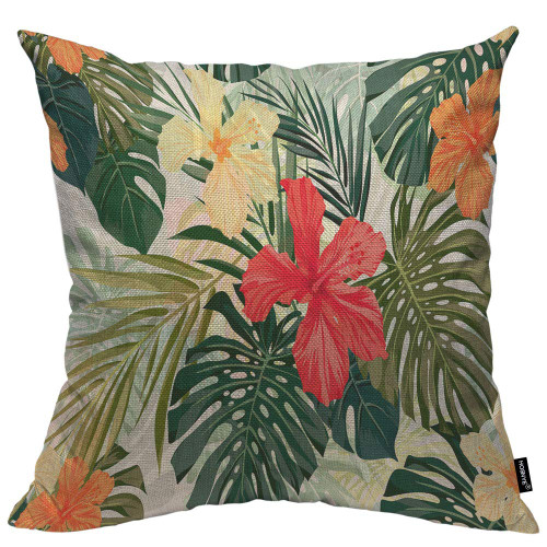 HOSNYE Hibiscus Flowers Throw Pillow Case Cushion Covers Summer Colorful Hawaiian Tropical Plants Palm Leaf Cotton Linen for Couch Bed Sofa Car Waist 16 x 16 inch