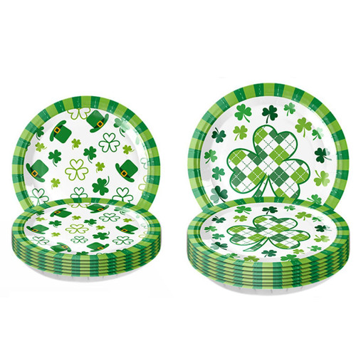 20 PCS St Patricks Day Paper Plates Decorations Green Plaid Shamrock Round Disposable Plates Irish Lucky Clover Hat Dinner Plates Tableware Dinnerware St Patrick's Day Party Supplies Table Decor