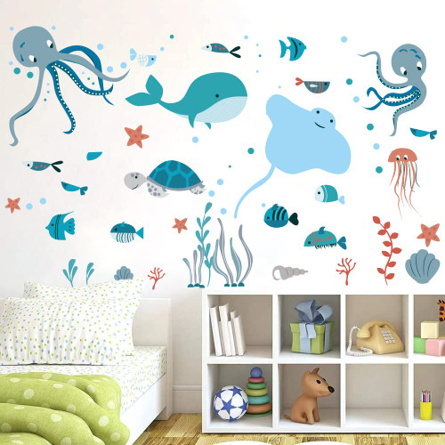 Ocean Fish Wall Decals Under The Sea Wall Decals Stickers with Whale Octopus Stingray Sea Stars Turtle Shells and Sea Kelps for Kids Room Daycare Classroom Playroom