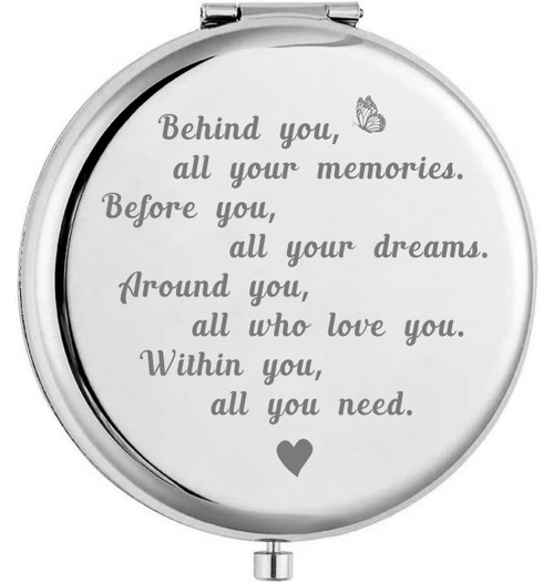 KUKEYIEE Behind You All Your Memories Sliver Engraved Travel Makeup Mirror, Travel Cosmetic Compact Pocke Makeup Mirror Gift for Women Sister Friends