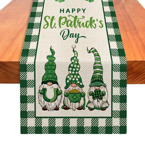 YOVOYOA Happy St Patricks Day Gnomes Table Runner 72 Inches Long, Green Shamrock Buffalo Plaid Table Runner, St Pats Lucky Clover Spring Dining Room Table Decor for Kitchen Farmhouse Home Party