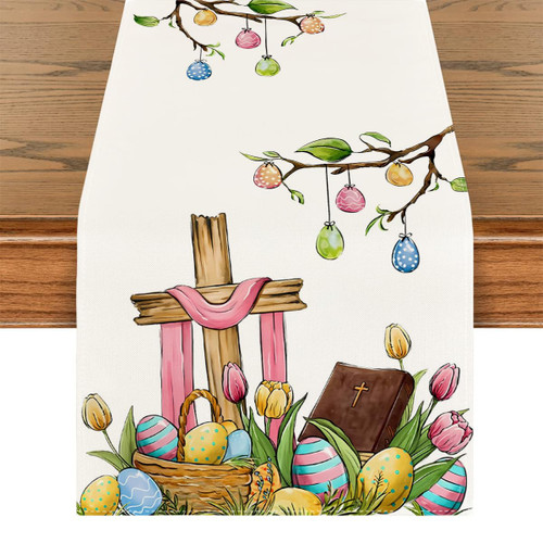 Happy Easter Table Runner He is Risen Tablecloth Watercolor Religious Jesus Decor Easter Decorations and Supplies for Home Party
