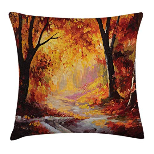Ambesonne Country Throw Pillow Cushion Cover, Paint of a Forest with Autumn Color Leaves Fall Time Sadness Season Theme Art, Decorative Square Accent Pillow Case, 20 X 20 Inches, Orange Brown