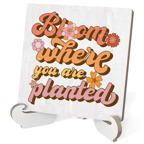 Funny Spring Decor, Cute Bloom Where You Are Planted Wood Plaque Sign with Stand, Spring Tiered Tray Decor, Spring Decorations for Farmhouse Home Office Desk Cubicle Shelf Decor 4 X 4 Inch