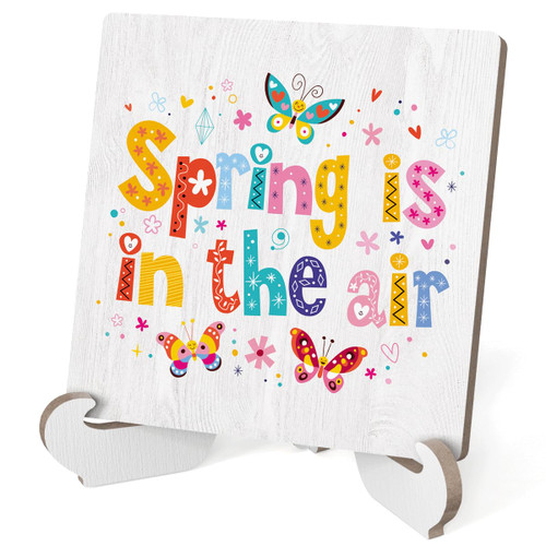 Funny Spring Decor, Cute Spring Is in The Air Wood Plaque Sign with Stand, Spring Tiered Tray Decor, Spring Decorations for Farmhouse Home Office Desk Cubicle Shelf Decor 4 X 4 Inch