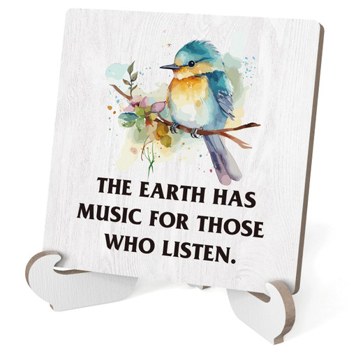 Funny Spring Decor, Cute The Earth Has Music for Those Who Listen Wood Plaque Sign with Stand, Spring Tiered Tray Decor, Spring Decorations for Home Office Desk Cubicle Shelf Decor 4 X 4 Inch