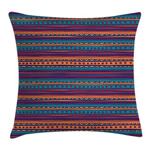 Ambesonne Tribal Throw Pillow Cushion Cover, Striped Retro Aztec Pattern with Rich Mexican Ethnic Color Folkloric Print, Decorative Square Accent Pillow Case, 20 X 20 Inches, Teal Plum and Orange