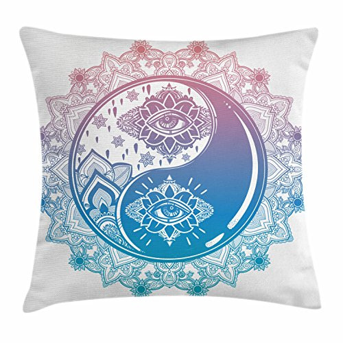 Ambesonne Ying Yang Decor Throw Pillow Cushion Cover, Mandala Ombre Pattern with Yin Yang Third Eye Zen Decor Mystic Asian Art, Decorative Square Accent Pillow Case, 20 X 20 Inches, Pink Blue