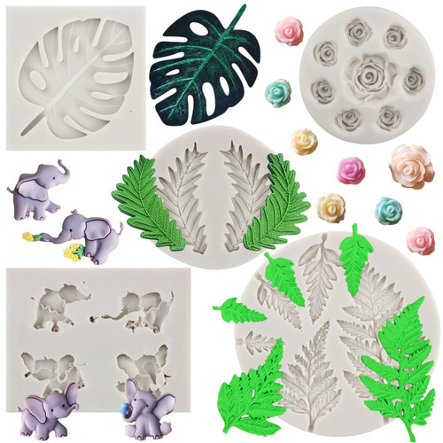 MYPRACS Tropical Leaf Silicone Fondant Molds Cute Elephant Rose Flower Silicone Mold Fern Leaves Candy Mold For Sugar Cake Decoration Cupcake Topper Chocolate Gum Paste Polymer Clay Set Of 5