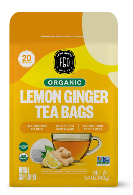 FGO Organic Lemon Ginger Tea, Eco-Conscious Tea Bags, 20 Count, Packaging May Vary (Pack of 1)