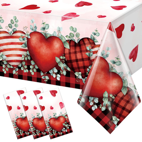 MASHAN 3Pcs Valentines Day Plastic Tablecloths,54 x 108 Inch Red Pink Hearts Table Cloth Disposable Rectangular Table Covers for Valentine's Day Wedding Engagements Anniversary Decorations