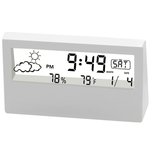 QCdeSoulBLV Small Digital Clock Battery Operated, Transparent LCD Aesthetic Alarm Clock, Desk Clock with Temperature, Humidity, Time, Date for Living Room, Bedroom