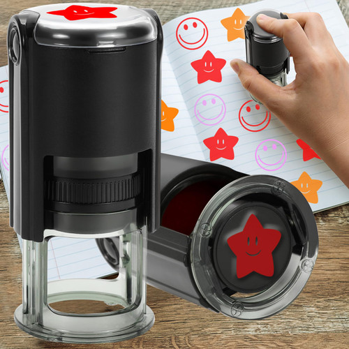Idealiveny Self Inking Emoji-Stamps for Teachers Round Self-inkng Stamps for Classroom Grading Happy Face Stampers for Teacher Supplies Smiley Face Rubber Teacher Stamps (Happy Star-Red)