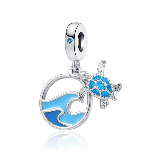 DWJSu Sea Turtle Ocean Beach Charm Love to Travel Hoilday Dangle Waves Blue Bead fit Pandora Charms Bracelet for Women Girls